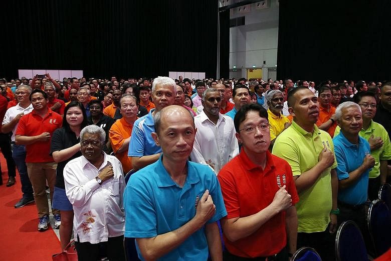Unionists at the PAP convention on Sunday. Labour representatives said they hope that the greater involvement of PAP leaders in NTUC would help better reflect workers' needs in Parliament.