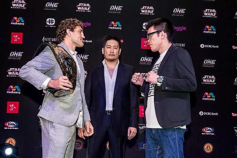 With tomorrow's Angela Lee bout off, the attention will turn to American One welterweight world champion Ben Askren's (far left) final fight of his mixed martial arts career - against Evolve stable-mate, Japan's Shinya Aoki. In the centre is One chai