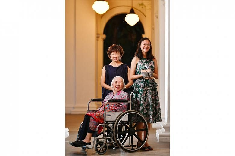 At the President's Challenge Appreciation Night held at the Istana yesterday were housewife Shirley Tan, 56; SJI International School student Melissa Yuen, 18; and Madam Goh Li Siang, 90, a resident at All Saints Home, one of the nursing homes where 