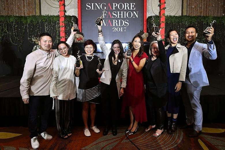 Winners at the fashion awards included (from left) Mr Keita Ebihara and Ms Elizabeth Soon of Ametsubi, Ms Carolyn Kan of Carrie K, Ms Chelsea Scott-Blackhall of Dzojchen, Ms Trixie Khong of By Invite Only, Ms Marilyn Tan of Marilyn Tan Jewellery, and