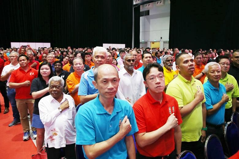 Unionists at the PAP convention on Sunday. The NTUC on Tuesday said PAP ministers and office-holders will take on additional advisory roles within various NTUC arms. All PAP MPs, where possible, will also advise not just unions, but also professional
