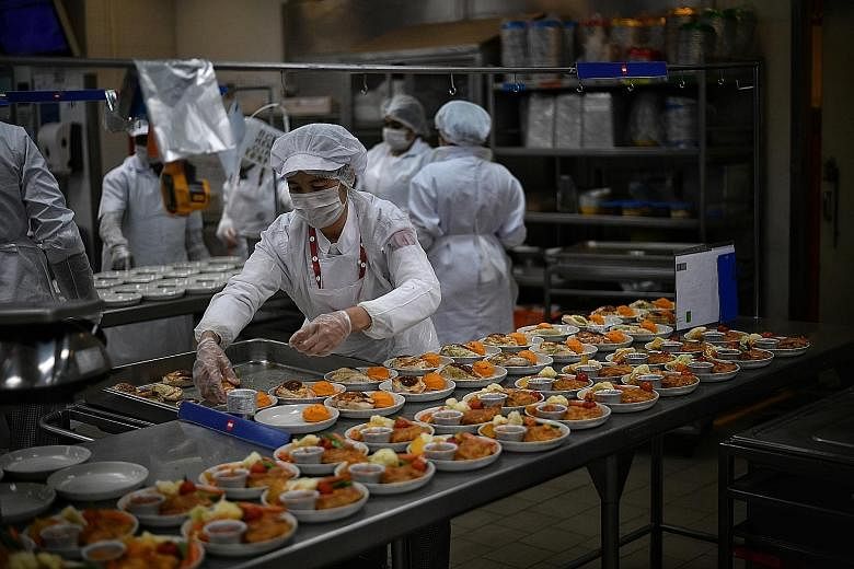 The Sats kitchen at Changi Airport whips up about 45,000 meals a day. A second kitchen at Changi North produces about 35,000 daily meals. Food is prepared 10 to 12 hours before a flight, and the food is tasted at 2pm every day to ensure a consistent 