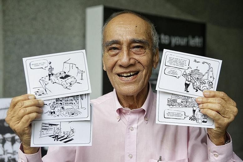 Former Traffic Police officer David Pattiselanno with the postcards he drew, featuring various Singapore landmarks based on places he patrolled when he was on duty. The postcards are being given out as part of the Maxwell Memories exhibition.