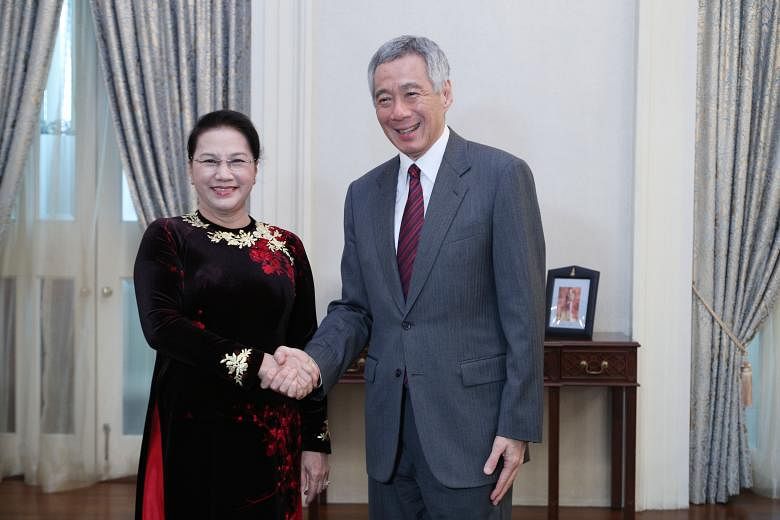 The President of Vietnam's National Assembly, Madam Nguyen Thi Kim Ngan, arrived in Singapore on Sunday for a three-day visit. She called on President Halimah Yacob and Prime Minister Lee Hsien Loong at the Istana yesterday. The Foreign Affairs Minis