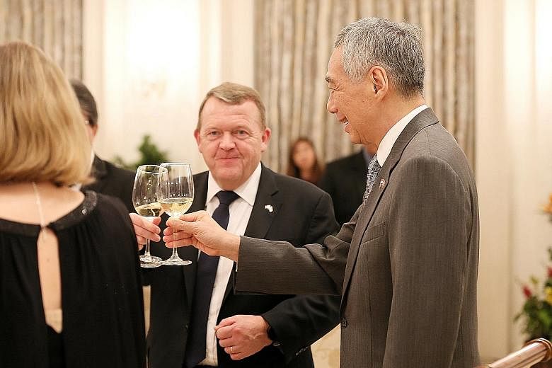 Danish Prime Minister Lars Lokke Rasmussen with Prime Minister Lee Hsien Loong at the Istana yesterday.