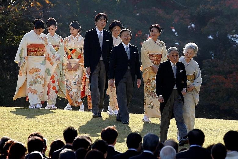 Japan's Emperor Akihito and Empress Michiko leading the way, followed by Crown Prince Naruhito and Crown Princess Masako, Prince Akishino and Princess Kiko and other imperial family members, at the annual autumn garden party at the Akasaka Palace imp