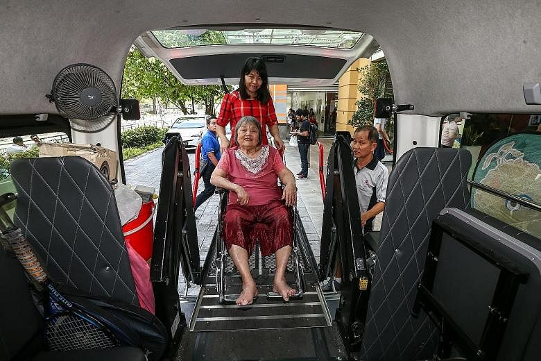 The ready availability of wheelchair-accessible vehicles remains challenging for centres with clients like Madam Pang Guay Lian, who is lifted in her wheelchair into a retrofitted van with special hydraulic lifts whenever she goes for rehabilitation.