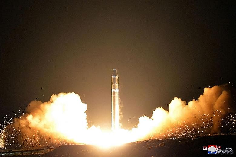 The launch of the Hwasong-15 missile as captured by Korean Central News Agency last Wednesday.
