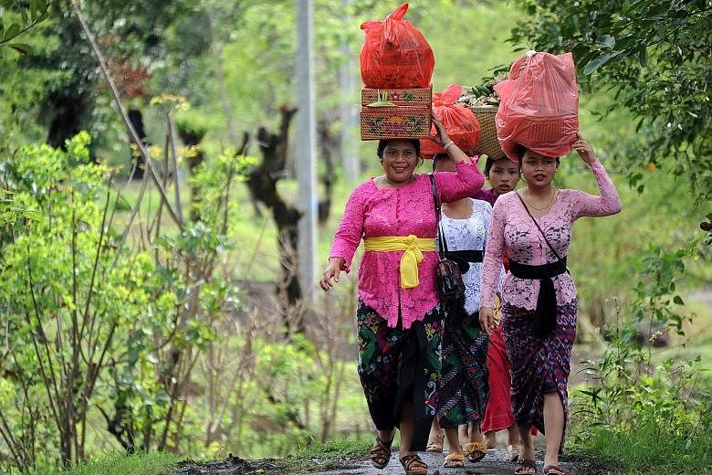 Balinese villagers carrying offerings for a ceremony yesterday, at which they will pray for Mount Agung to stop erupting. The volcano in Karangasem regency on Indonesia's resort island started spewing ash on Nov 21, leading to the evacuation of tens 