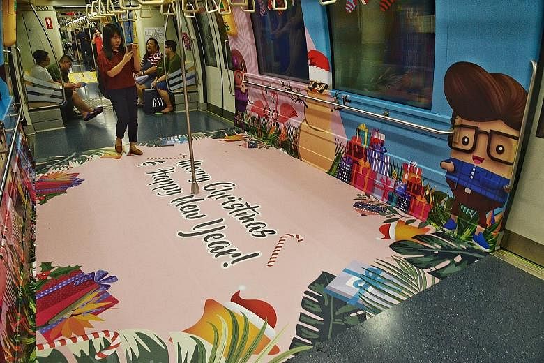 Three MRT trains on the Downtown, North-East, and North-South/East-West lines have been decorated for Christmas, and feature the Land Transport Authority's graciousness mascots. The trains, which sport a "Tropical Christmas" theme, were launched yest