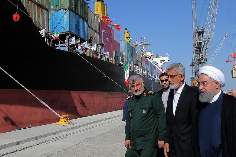 Iranian President Hassan Rouhani (far right) launching on Sunday the first phase of the Chabahar Port extension. Analysts say the port allows India to keep an eye on Pakistan's Gwadar Port just 100km away.