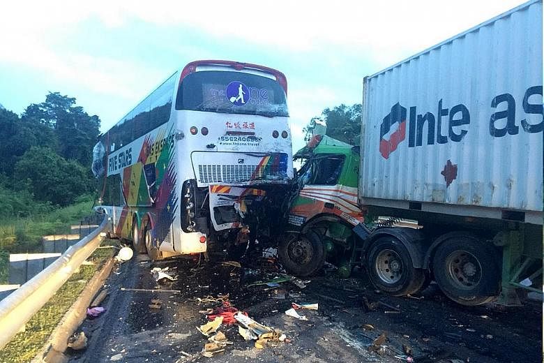 One person was killed and 13 others injured in a three-vehicle accident on Malaysia's North-South Expressway near Gopeng, Perak, yesterday morning. According to The Star newspaper, a spokesman for the Fire and Rescue Department said a double-decker b