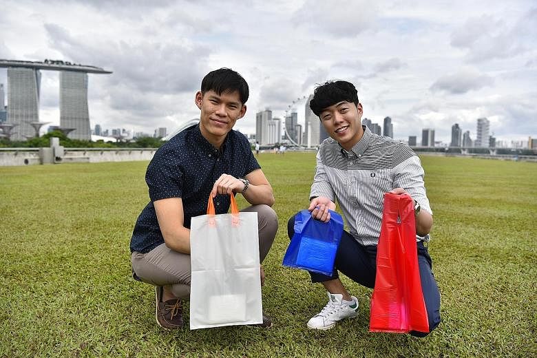 Green Boulevard founders Jacob Koh (left) and Matthew Ong are trying to convince event organisers and retailers to switch to starch bags.