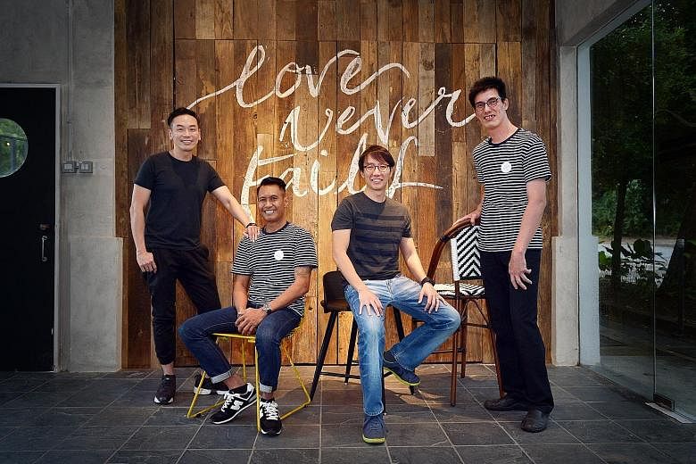 Bettr Barista Coffee Academy, founded by Ms Pamela Chng (left), trains women and youth to be baristas. Garcons, which hires ex-offenders and youth-at-risk, serves affordable French cuisine. (From far left) Chef Willin Low, consultant at Five & 2, wit