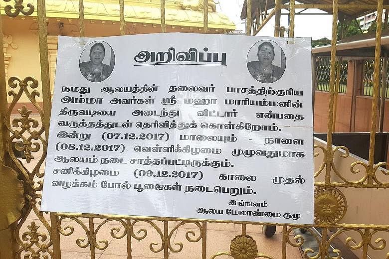 A notice indicating that the Sree Maha Mariamman Temple would be closed from last Thursday evening till yesterday morning after temple president K. Kalyanathayee's death was posted on its gates.