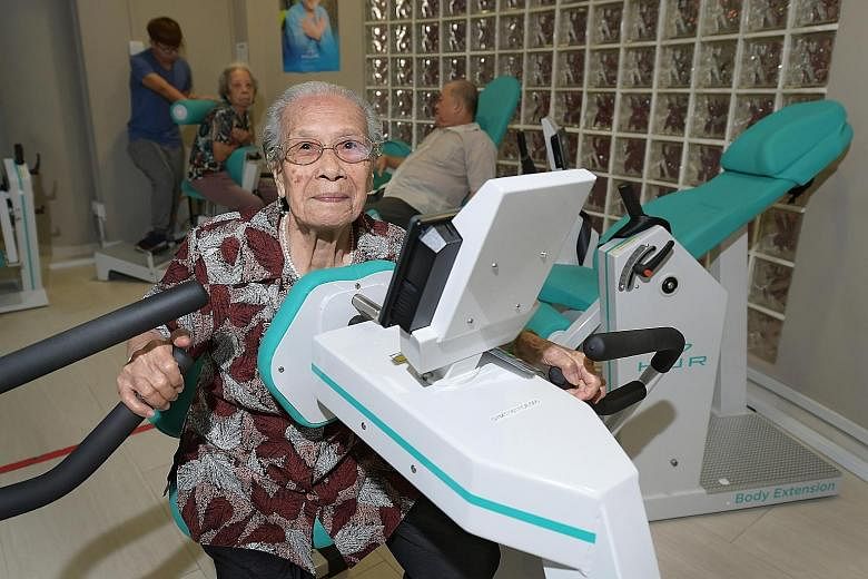Madam Lau Soon Siang, 97, went through 12 weeks of strength training under the Gym Tonic programme earlier this year, which helped her regain her muscle strength and balance.