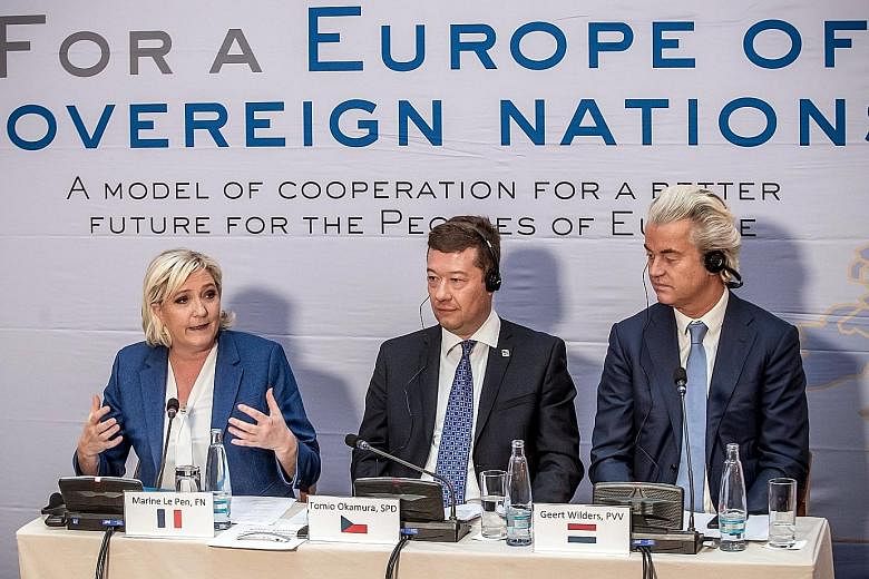 Far-right leaders (from left) Marine Le Pen of France, Tomio Okamura of the Czech Republic and Geert Wilders of the Netherlands at a press conference in Prague last Saturday.