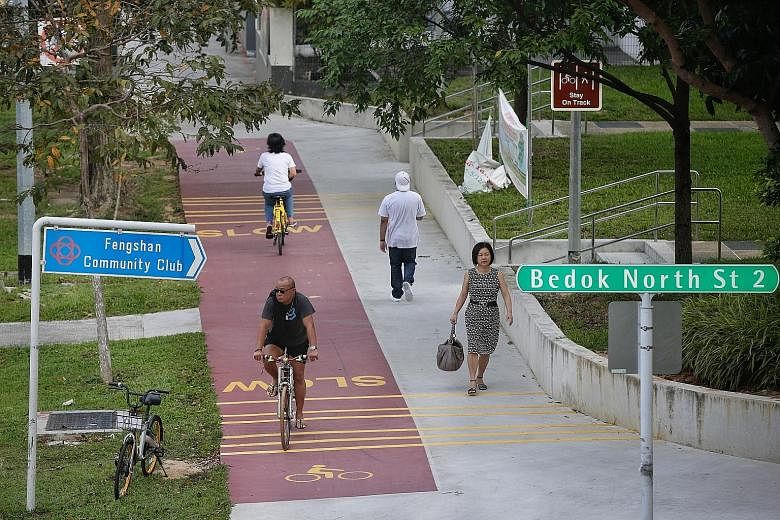 One of the new bicycle paths along Bedok North Avenue 3 near Bedok North Street 2. A further 8km of paths in the town will open next month.