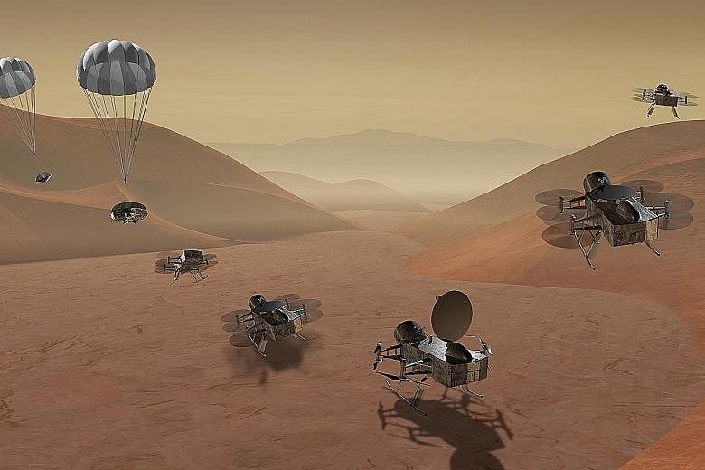 The Dragonfly mission (above) aims to send a "drone-like rotorcraft" to Titan, Saturn's largest moon, which seen as one of the most likely hosts of some form of life in the solar system. The Caesar mission (left) aims to return to Earth with a sample