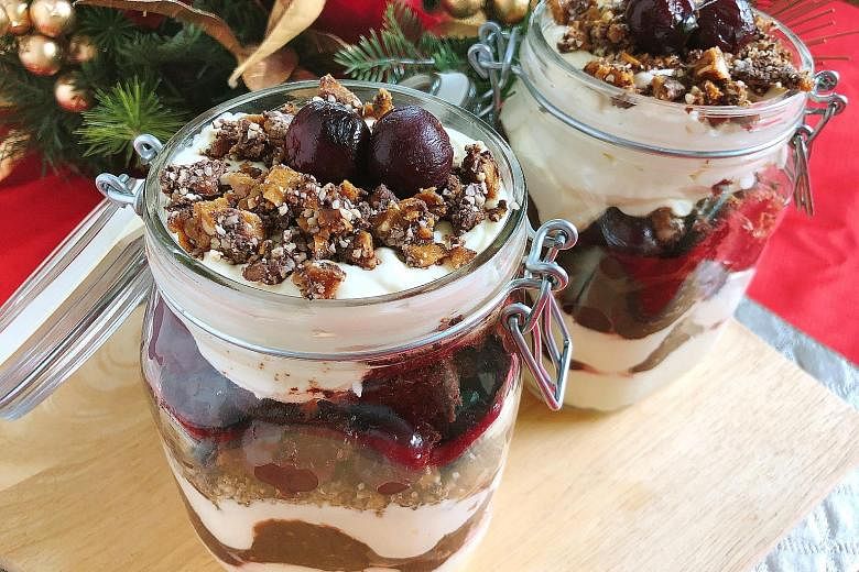 Whip up cream cheese chocolate cherry trifle (left) in a jiffy with canned dark cherries, store-bought chocolate cake and kirsch.