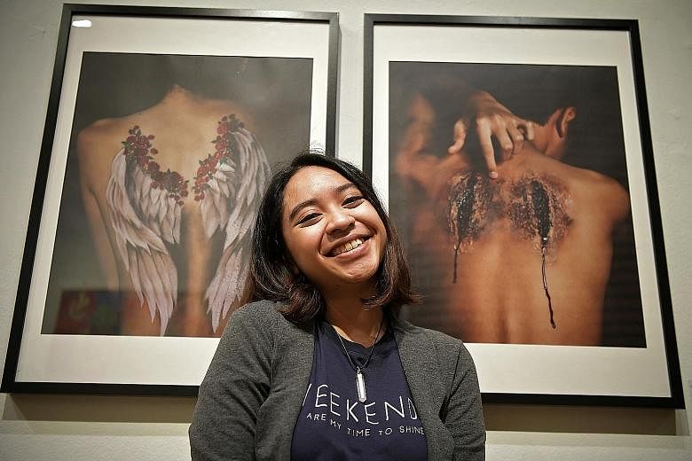 Miss Nuryn Qistina, 17, with her body paintings. She was inspired by a music video to juxtapose an angel against a fallen one has lost his wings. Mr Muhammad Amirul Azman, 23, with his two entries. The buildings in the photographs express simple plea