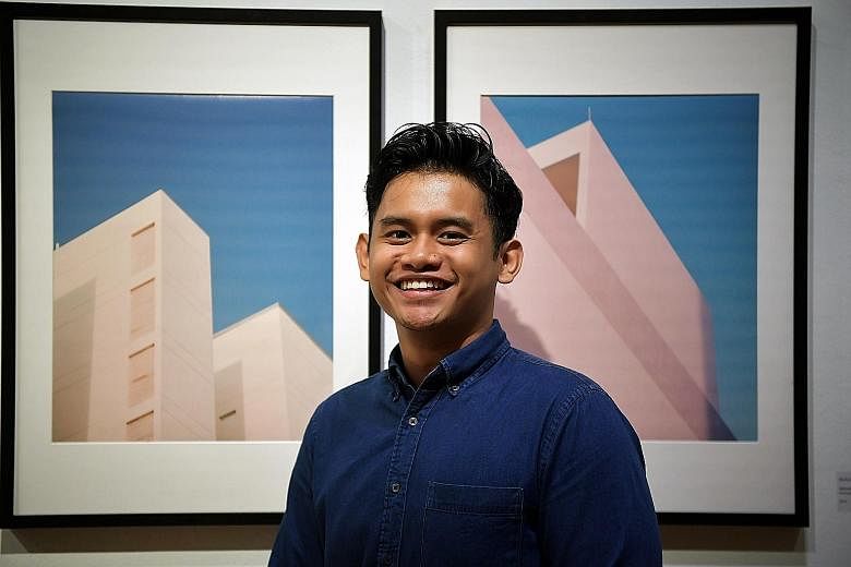 Miss Nuryn Qistina, 17, with her body paintings. She was inspired by a music video to juxtapose an angel against a fallen one has lost his wings. Mr Muhammad Amirul Azman, 23, with his two entries. The buildings in the photographs express simple plea