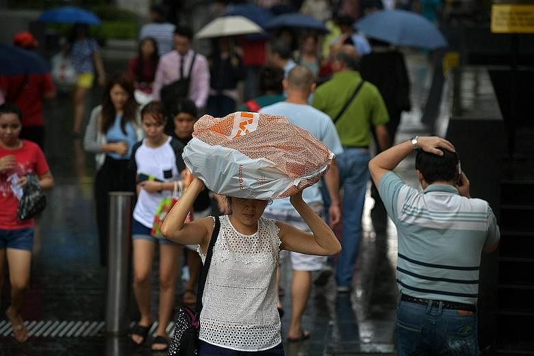 A woman putting her shopping bag to good use during a sudden shower in Orchard Road yesterday, while Muhammad Hann Harith, two, added to the festive air with his penguin balloon. The shopping belt was crammed with shoppers, who braved the crowds to p