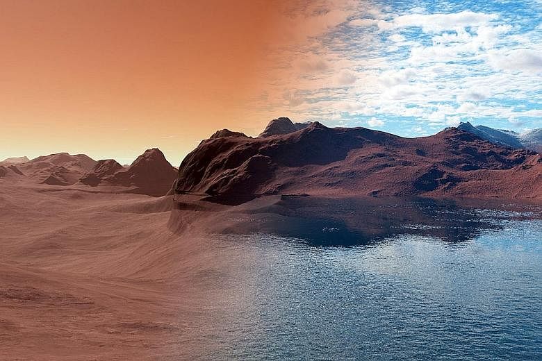 An illustration of how Mars would have looked like without and with water. Scientists thought the water on Mars had evaporated into the atmosphere but found that its porous geology likely soaked up much of the planet's water.