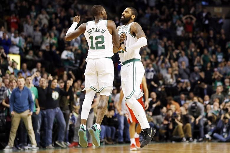 Boston Celtics guards Terry Rozier and Kyrie Irving chest bumping in the second half as the Eastern Conference leaders whittled down the Houston Rockets' lead on Thursday. The 26-point rally was the biggest comeback of the current NBA season.