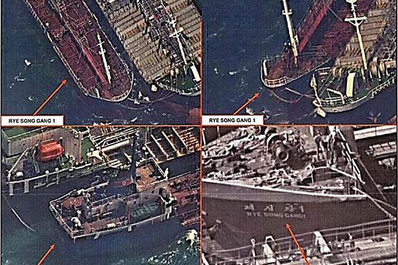 Satellite images showing what the US Treasury Department says is the transfer of refined petroleum between an unidentified ship and the North Korean ship Rye Song Gang 1 in October.