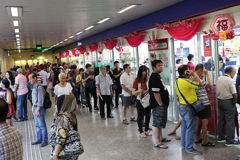 Long queues formed at NTUC FairPrice in Toa Payoh Central yesterday for tomorrow's $9.7 million New Year draw. On its website, Singapore Pools said punters could start placing bets from Tuesday this week at all its branches, authorised retailers and 