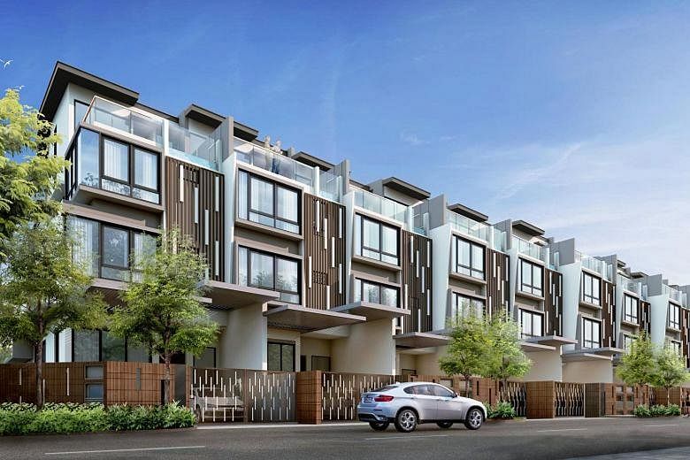 An artist's impression of Kismis Residences, a 31-unit freehold landed development. The intermediate terraced houses are priced between $4.155 million and $4.464 million, while the corner terraced houses are priced from $5.003 million to $5.282 milli