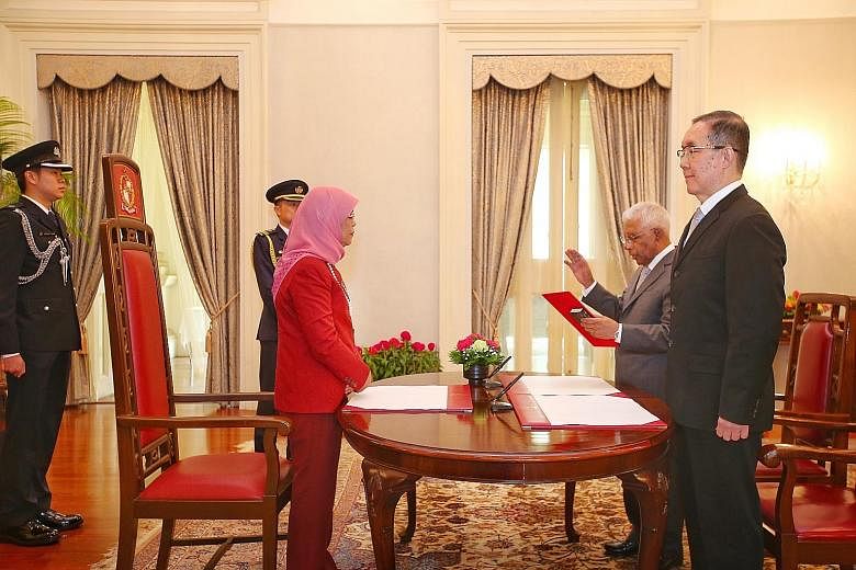 Mr S. Dhanabalan and Mr Goh Joon Seng were sworn in as members of the Council of Presidential Advisers (CPA) yesterday, in a ceremony at the Istana witnessed by President Halimah Yacob, Prime Minister Lee Hsien Loong and Justice Tay Yong Kwang, a Jud