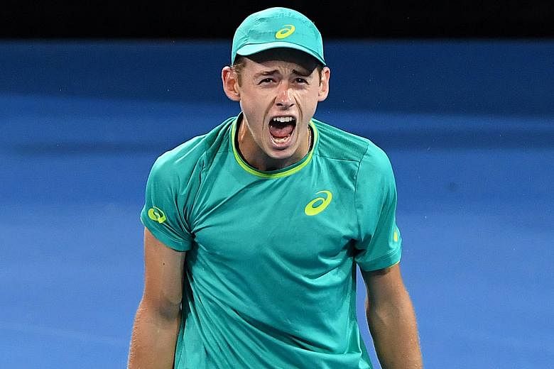 Australian Alex de Minaur exclaiming after defeating Canada's Milos Raonic in the second round of the Brisbane Open. The 18-year-old will next face American teenager Michael Mmoh.