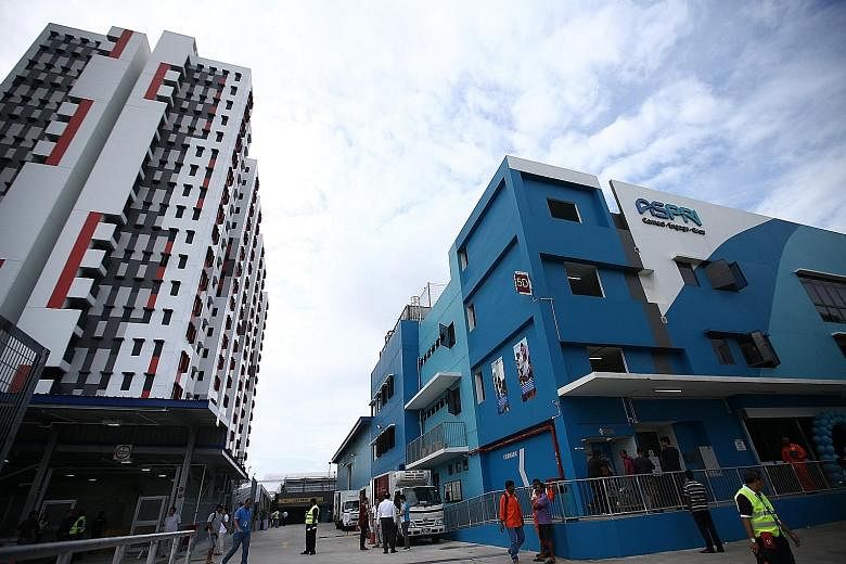 The 7,900-bed dorm, called Aspri-Westlite Dormitory - Papan, is the first of its kind in Singapore with an attached training centre, which is run by the Association of Process Industry and offers subsidised courses. The dorm, which is a 12-