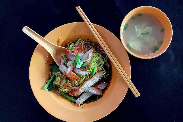 Springy noodles are served with moist char siew slices and wontons with well-seasoned minced pork.