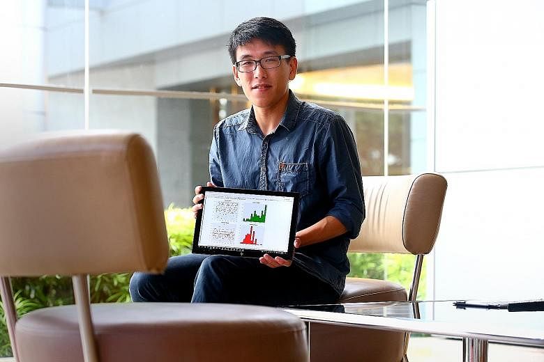NUS law and economics student Jerrold Soh with a prototype of his simulator program, which he developed together with three of his peers. Using an algorithm, the program predicts the division of matrimonial assets in a divorce case.
