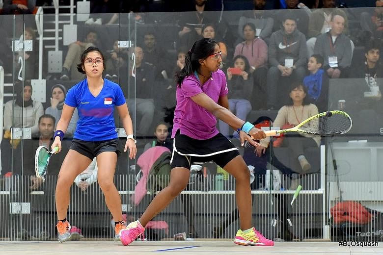 Au Yeong Wai Yhann in her 7-11, 4-11, 5-11 quarter-final loss to top seed Sivasangari Subramaniam of Malaysia at the British Junior Open in Birmingham on Friday. Au Yeong became the first Singaporean girl to reach the last eight of the tournament. He