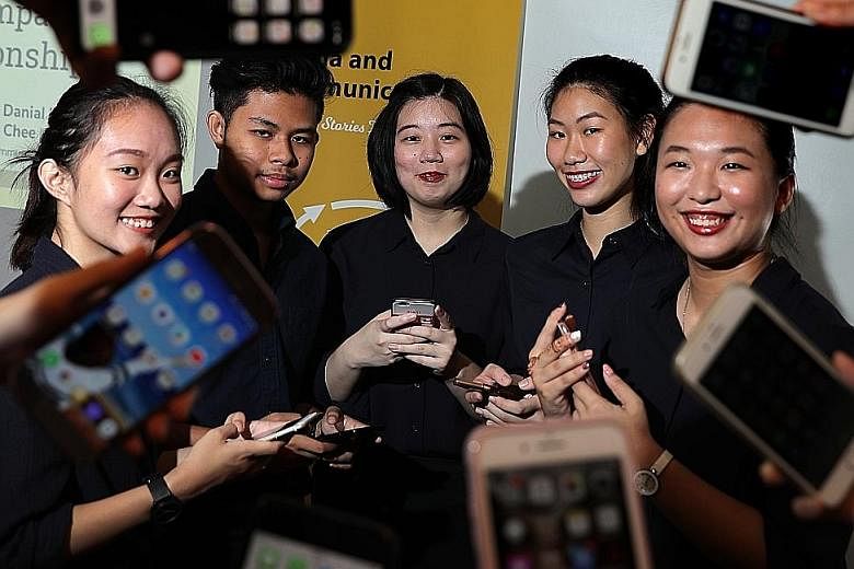 The Singapore Polytechnic team, comprising (from left) Josin Chee, 18, Danial Hadi, 18, Lydia Wong, 22, Chloe Lee,18 and Isabella Lim, 18, surveyed 785 young people between 15 and 35 years old to find out the impact of smartphones on their relationsh