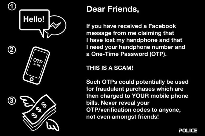 The warning posted by the police on Facebook yesterday. The police said it received 130 such cases between January and November last year, with at least $16,000 in total lost to scammers.