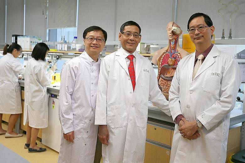 The cancer research team includes (from left) Professor Jimmy So of the Yong Loo Lin School of Medicine at NUS; Dr Yeoh Khay Guan, dean of the medical school and co-lead investigator of the study; and Professor Patrick Tan of the Duke-NUS Medical Sch