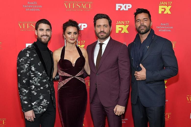 Cast members (from left) Darren Criss, Penelope Cruz, Edgar Ramirez and Ricky Martin attending the Monday Hollywood premiere of FX's The Assassination Of Gianni Versace: American Crime Story, which the Italian designer's family said it did not author