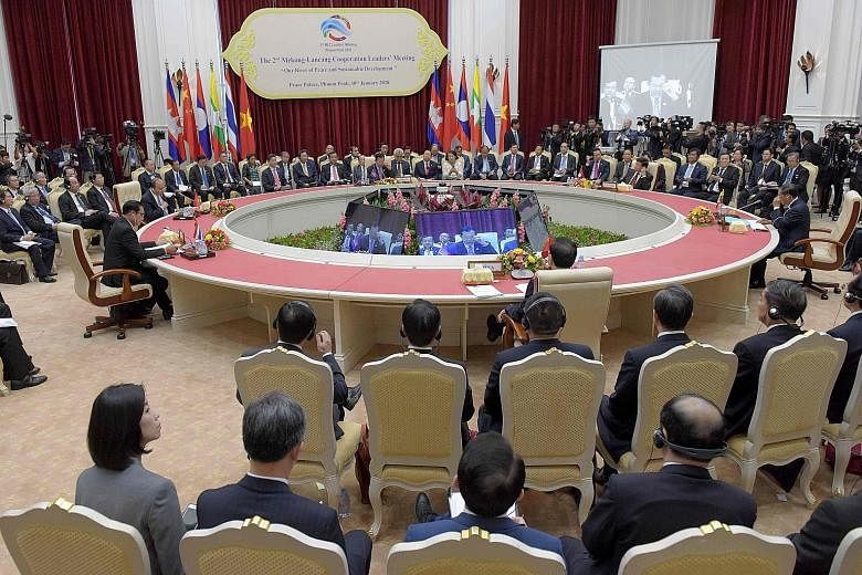 Leaders of China, Myanmar, Thailand, Vietnam, Cambodia and Laos at the Lancang-Mekong Cooperation leaders' summit in Phnom Penh yesterday. They endorsed a declaration that would, among other things, promote wide-ranging collaboration on economic deve
