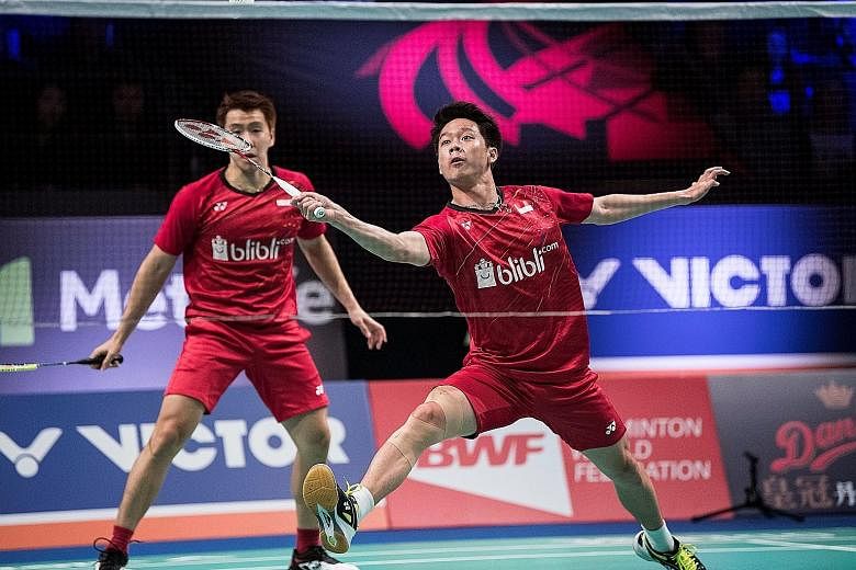 Marcus Fernaldi Gideon and Kevin Sanjaya Sukamuljo (right) in action at the Denmark Open in October. Organisers of the Singapore Open in July will be hoping for the competition to draw the likes of the world No. 1 pair, ahead of the Aug 18 to Sept 2 
