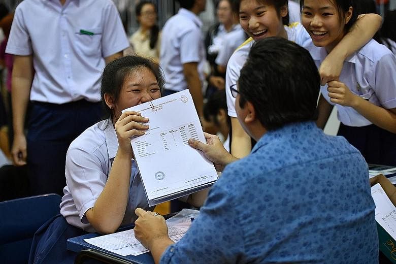 Students receiving their O-level results at Presbyterian High School yesterday. The proportion of O-level candidates with at least five passes last year fell to 83.4 per cent, compared with 84.3 per cent in 2016.