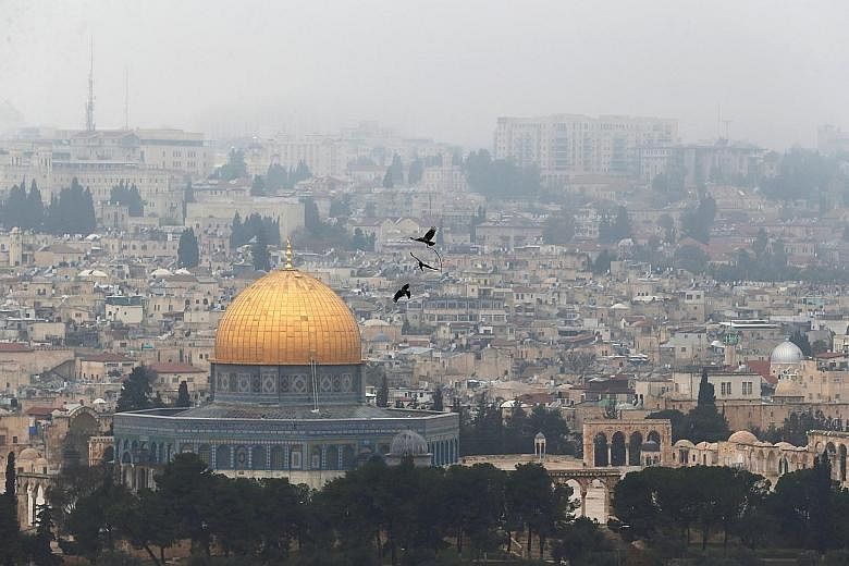 The Dome of the Rock, located in Jerusalem's Old City, in the compound known to Muslims as Noble Sanctuary or Al haram al Sharif, and to Jews as Temple Mount.