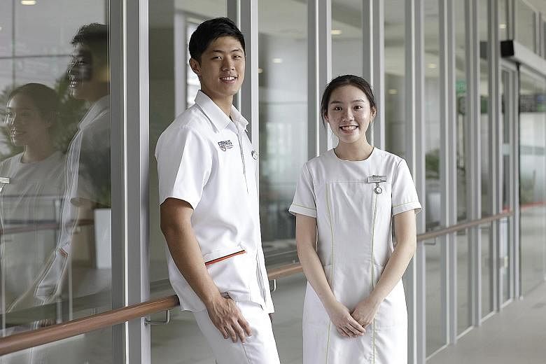 Mr Toh Zheng An and Ms Lois Si, who are both studying to be nurses. The Ministry of Health has been trying to raise interest in nursing as a career, given the large number of nurses that Singapore will need as more healthcare facilities open.