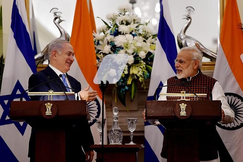 Mr Netanyahu and Mr Modi at a press conference at Hyderabad House in New Delhi yesterday. The two leaders share an easy rapport, with Mr Modi addressing Mr Netanyahu by his popular nickname Bibi.