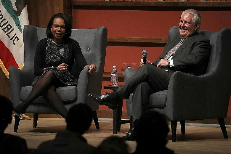 Mr Rex Tillerson and former US secretary of state Condoleezza Rice discussed Syria policy at Stanford University on Wednesday.