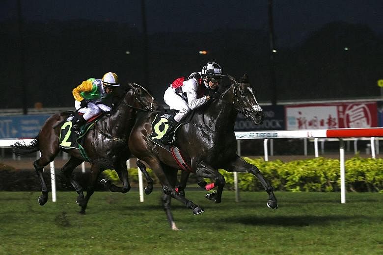 What's New scoring easily with birthday boy Michael Rodd astride in Race 2 at Kranji last night. She won by 21/2 lengths. What's New, the favourite when the smart money came in at the last minute, paid $13.